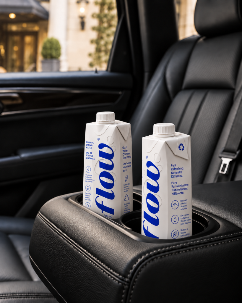 Flow water cartons in a premium cabin — AI-generated illustration