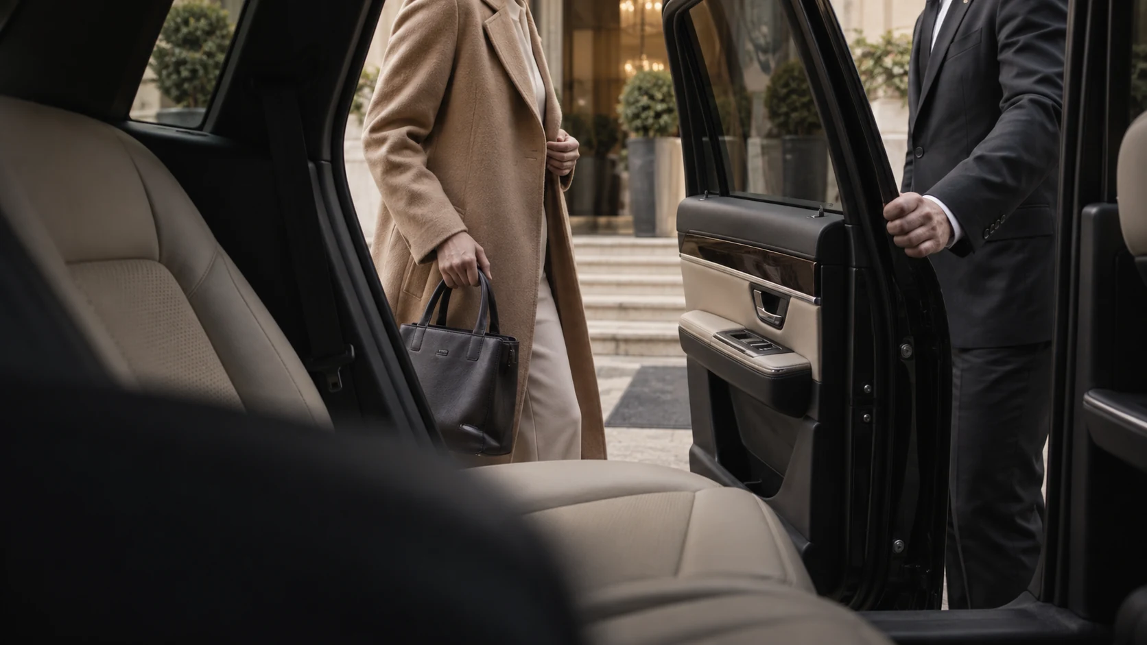 A chauffeur welcome viewed from inside the passenger cabin — AI-generated illustration